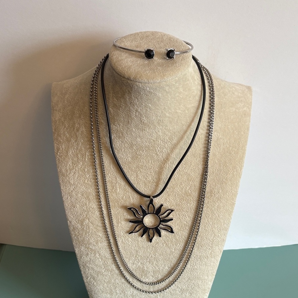 Silver Sun Pendant Necklace Set Layered Chains + Bracelet Boho Bundle